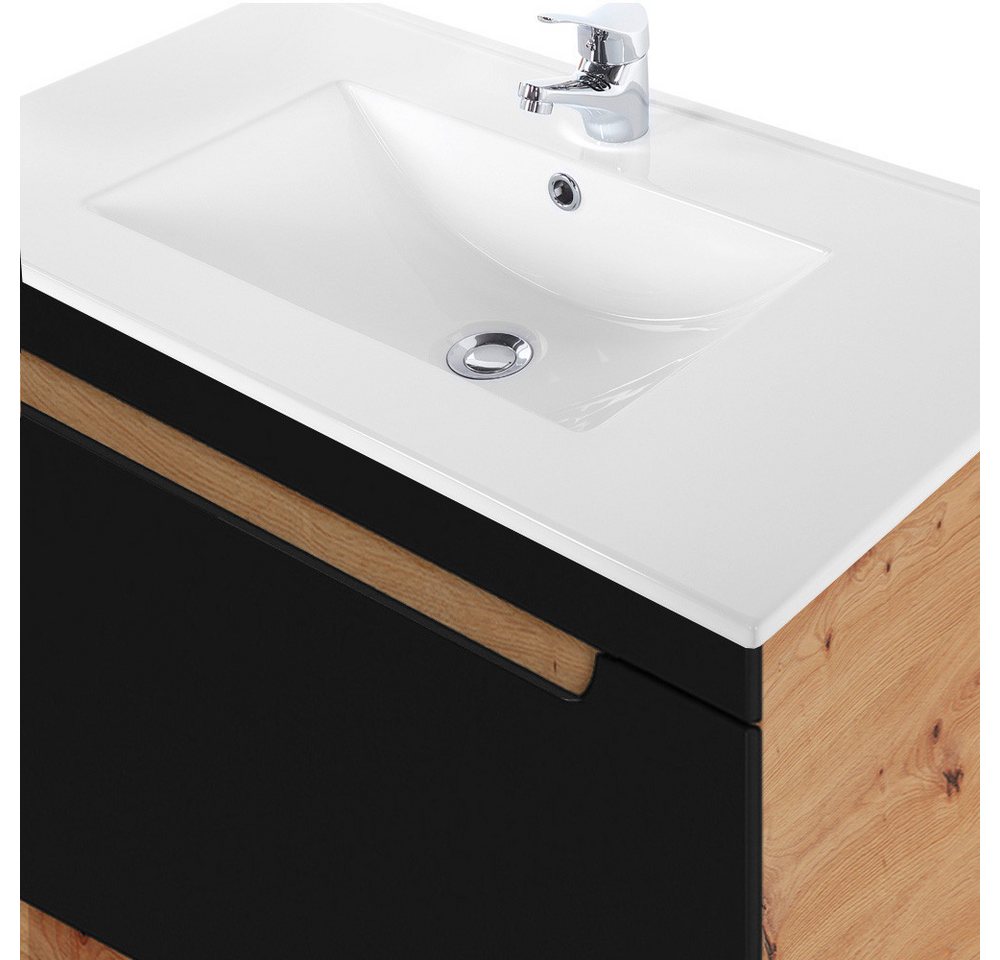 Lomadox Badmöbel-Set NEW-LUTON, (Spar-Set, 4-St), Eiche Nb. mit 80 cm Keramik-Waschtisch & Spiegelschrank 130/200/46 cm