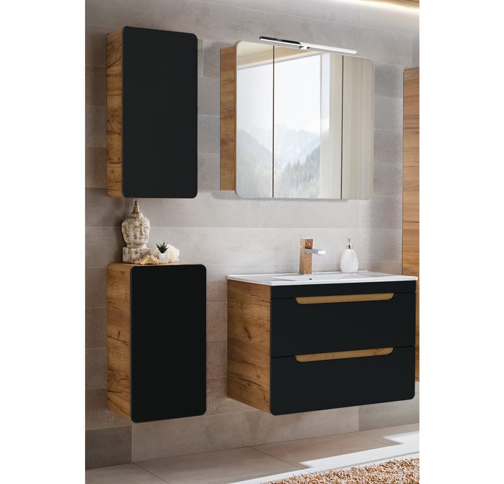 Lomadox Badmöbel-Set NEW-LUTON, (Spar-Set, 4-St), Eiche Nb. mit 80 cm Keramik-Waschtisch & Spiegelschrank 130/200/46 cm Bild 2