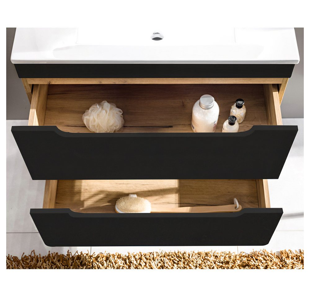 Lomadox Badmöbel-Set NEW-LUTON, (Spar-Set, 4-St), Eiche Nb. mit 80 cm Keramik-Waschtisch & Spiegelschrank 130/200/46 cm Bild 4