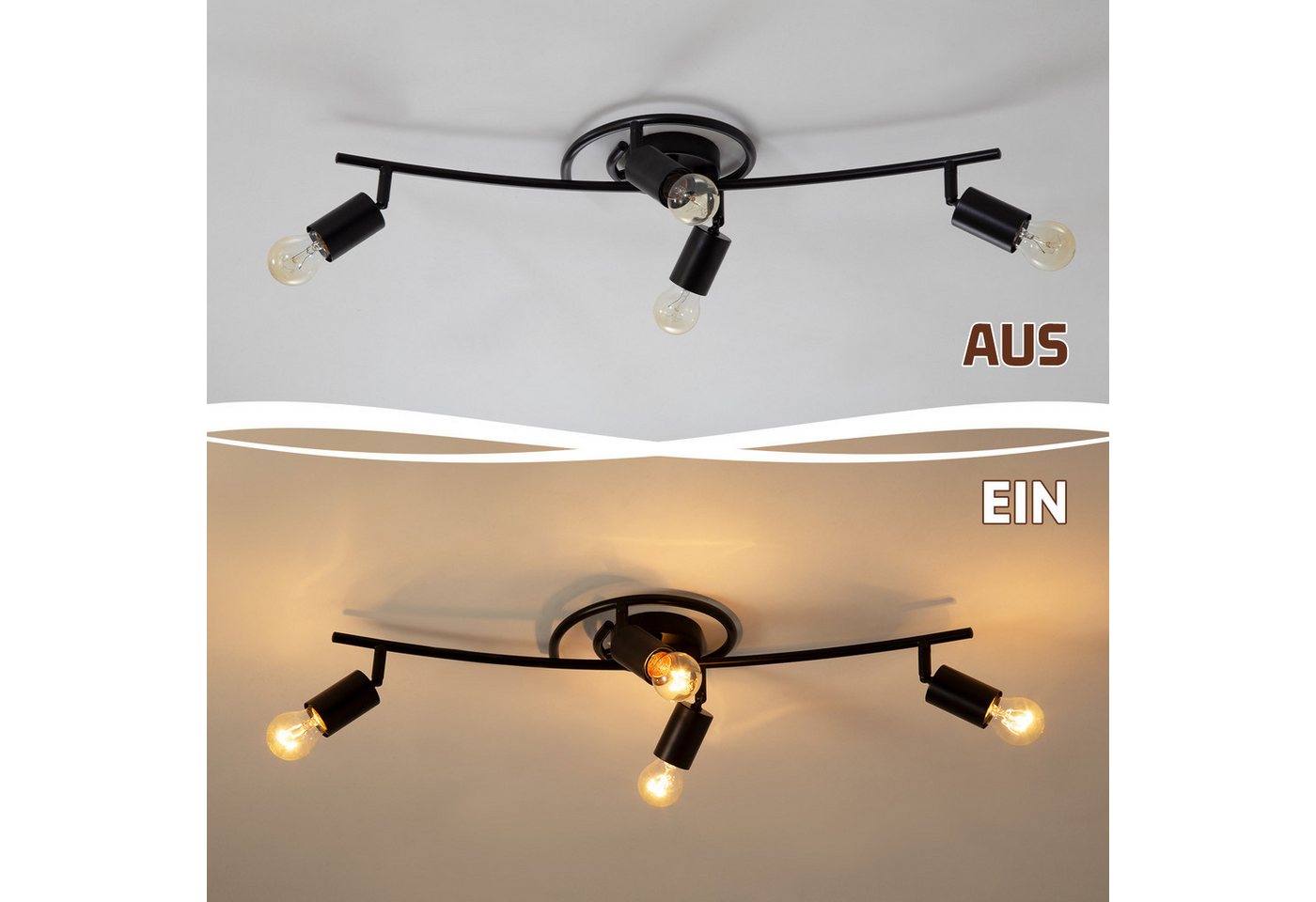 Nettlife Deckenstrahler Vintage Schwarz 4 Flammig E27 Schwenkbar 350° Deckenspot Industrial, Schwenkbar, LED wechselbar, für Küche Flur Wohnzimmer Schlafzimmer