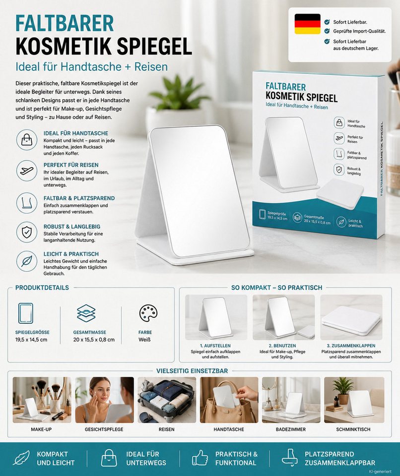 HH-Haushalt Kosmetikspiegel Faltbarer Kosmetikspiegel mit weißem Etui für Handtasche & Reisen (1-St)