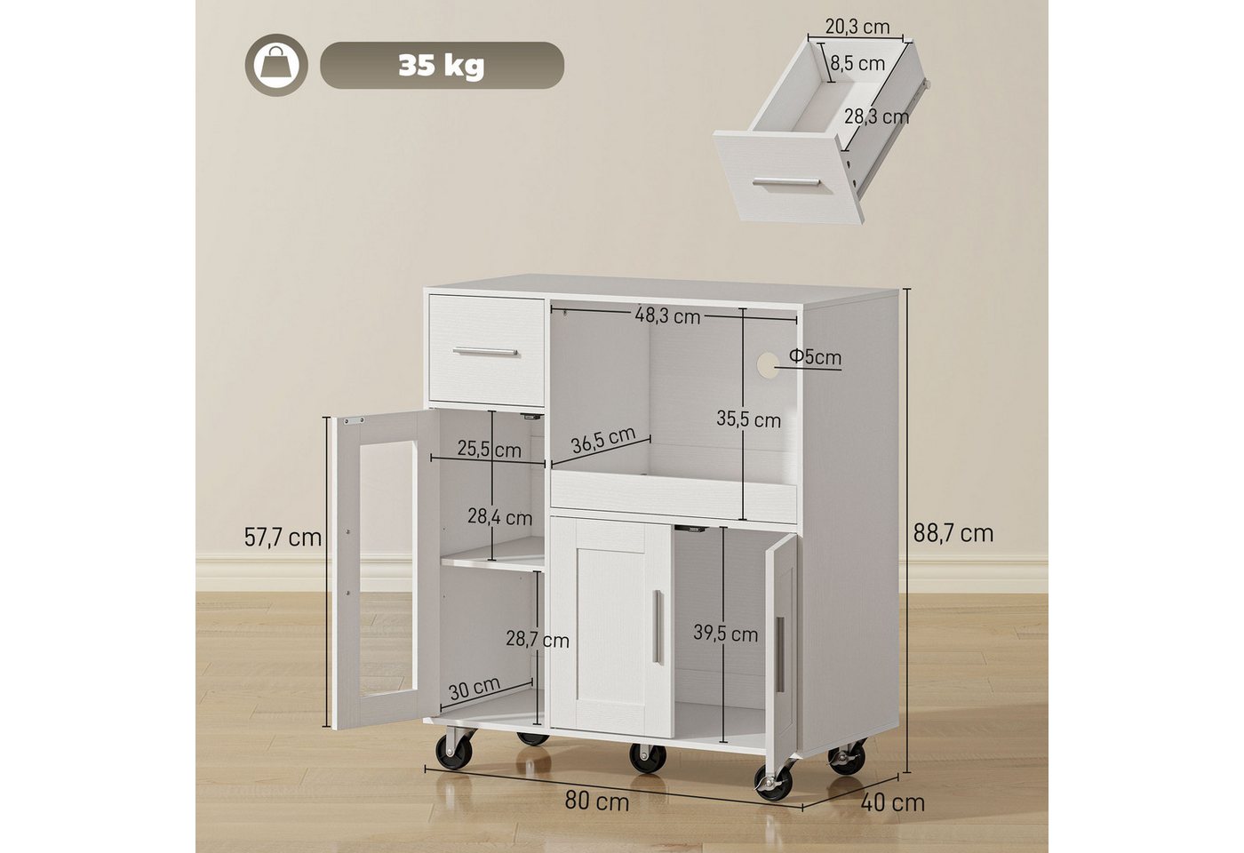 HOMCOM Küchenbuffet Sideboard, Mikrowellenschrank, Schublade, verstellbare Ablagen (Küchenbuffet, 1-St., Küchenschrank) für Küche, Esszimmer, Weiß
