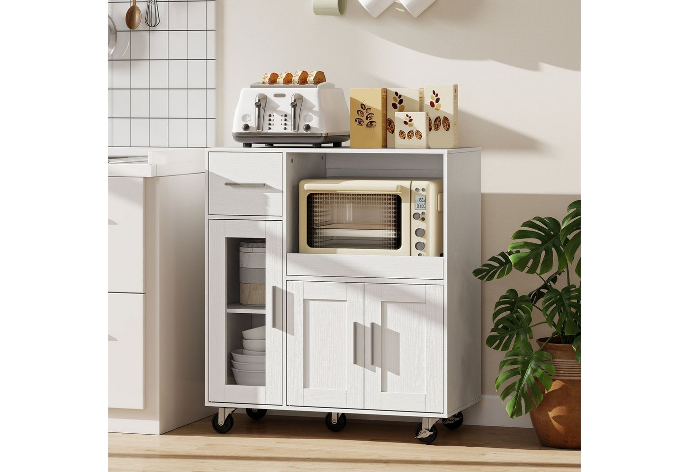 HOMCOM Küchenbuffet Sideboard, Mikrowellenschrank, Schublade, verstellbare Ablagen (Küchenbuffet, 1-St., Küchenschrank) für Küche, Esszimmer, Weiß Bild 2