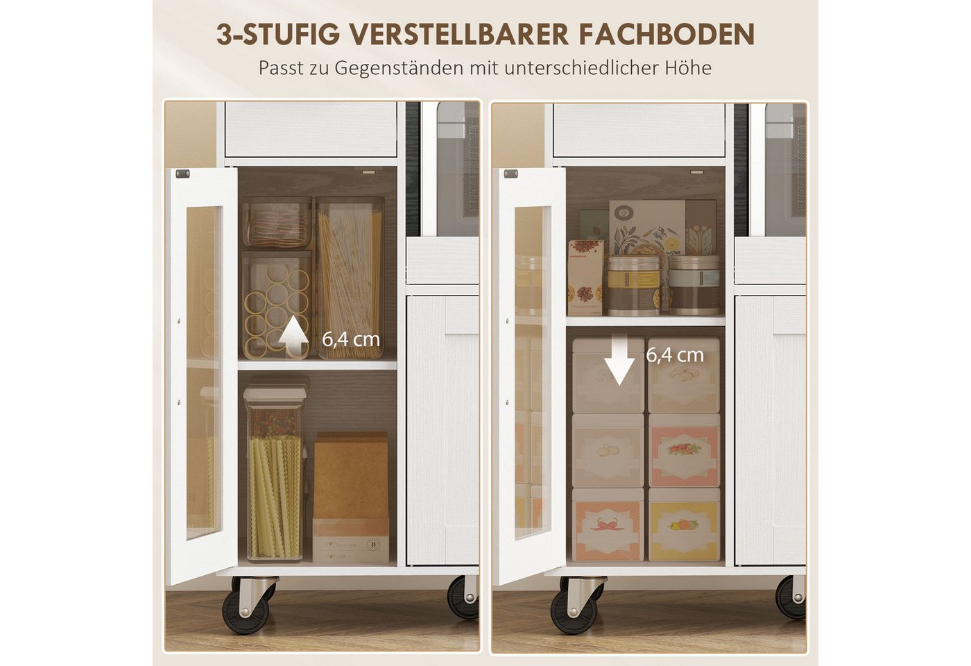 HOMCOM Küchenbuffet Sideboard, Mikrowellenschrank, Schublade, verstellbare Ablagen (Küchenbuffet, 1-St., Küchenschrank) für Küche, Esszimmer, Weiß Bild 3