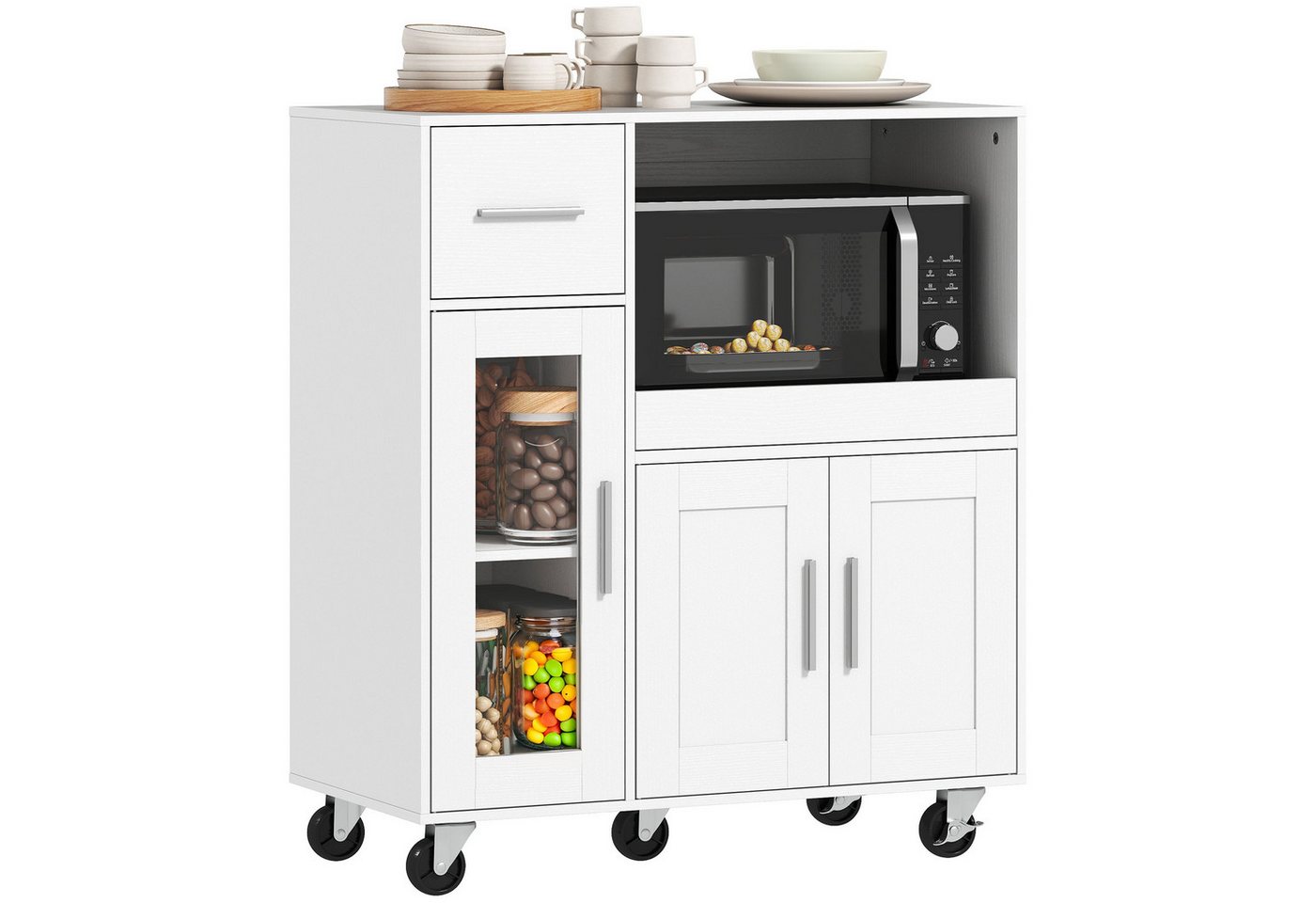 HOMCOM Küchenbuffet Sideboard, Mikrowellenschrank, Schublade, verstellbare Ablagen (Küchenbuffet, 1-St., Küchenschrank) für Küche, Esszimmer, Weiß Bild 4
