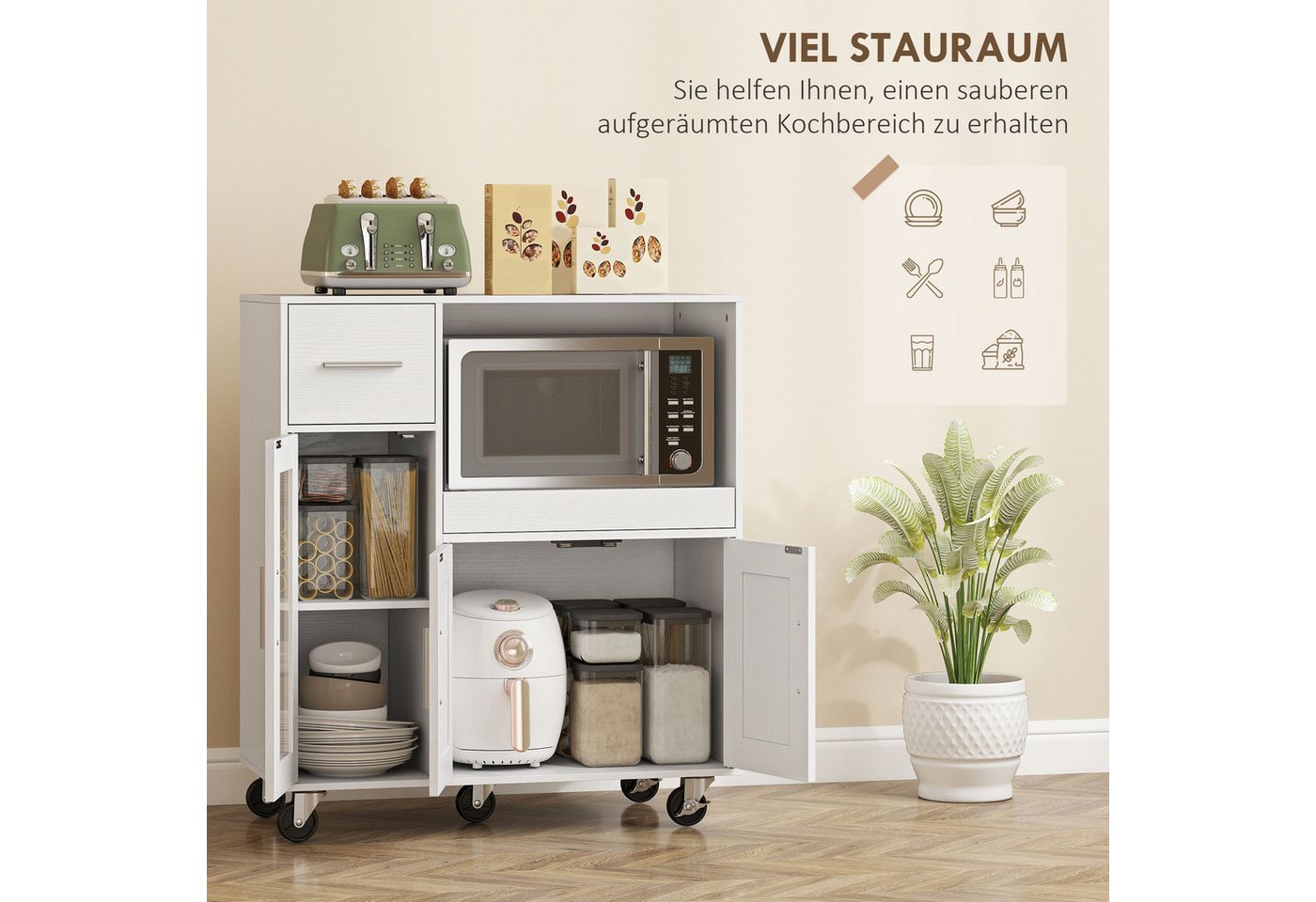 HOMCOM Küchenbuffet Sideboard, Mikrowellenschrank, Schublade, verstellbare Ablagen (Küchenbuffet, 1-St., Küchenschrank) für Küche, Esszimmer, Weiß Bild 5