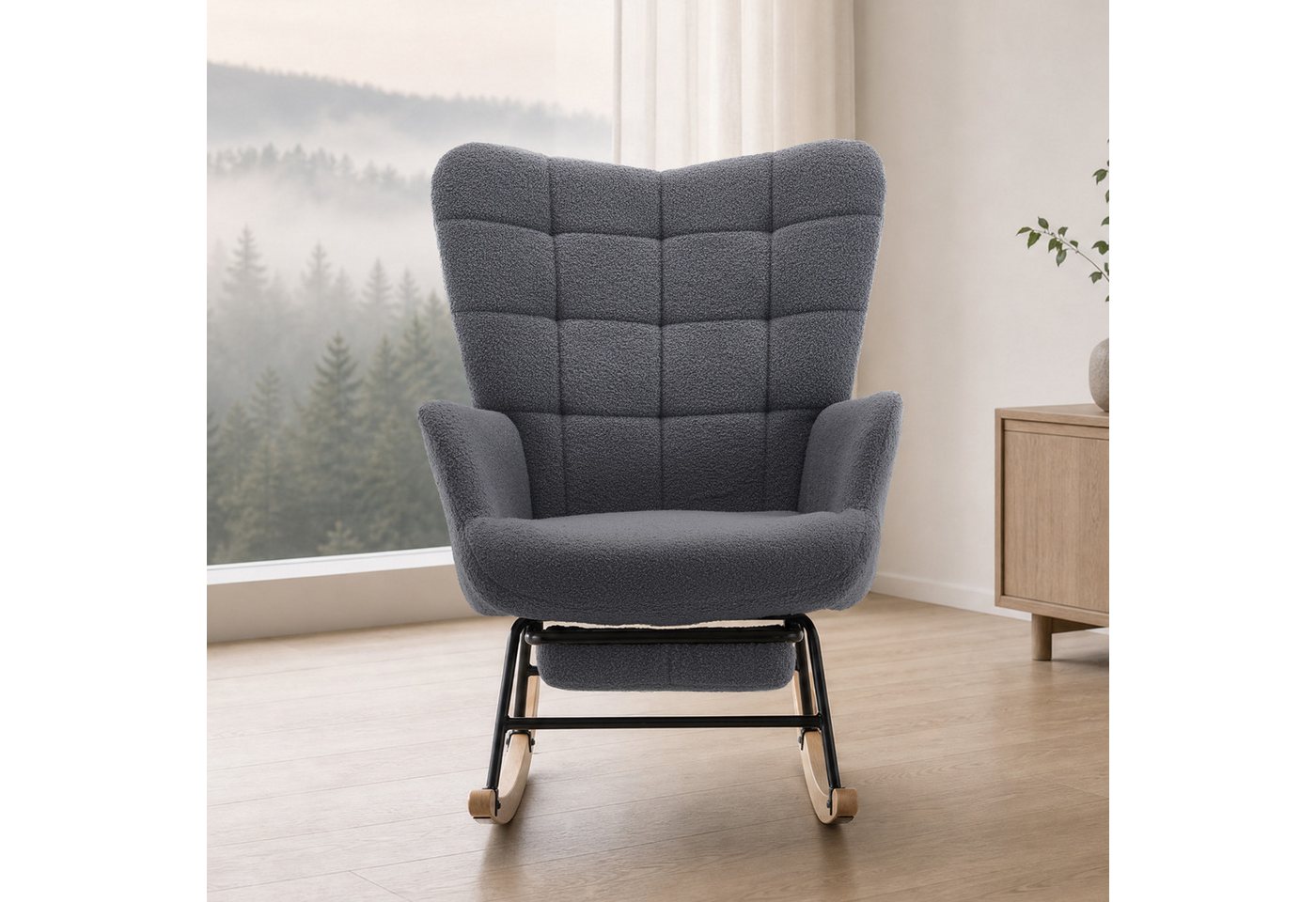 HAUSS SPOLE Schaukelstuhl mit ausziehbarer Fußstütze,Relaxsessel mit Schaukelfunktion,Grau (Relaxsessel Polstersessel mit Fußstützefunktion und Schaukelfunktion), Wohnzimmersessel mit geschwungenen Holzschaukelfüßen Bild 3