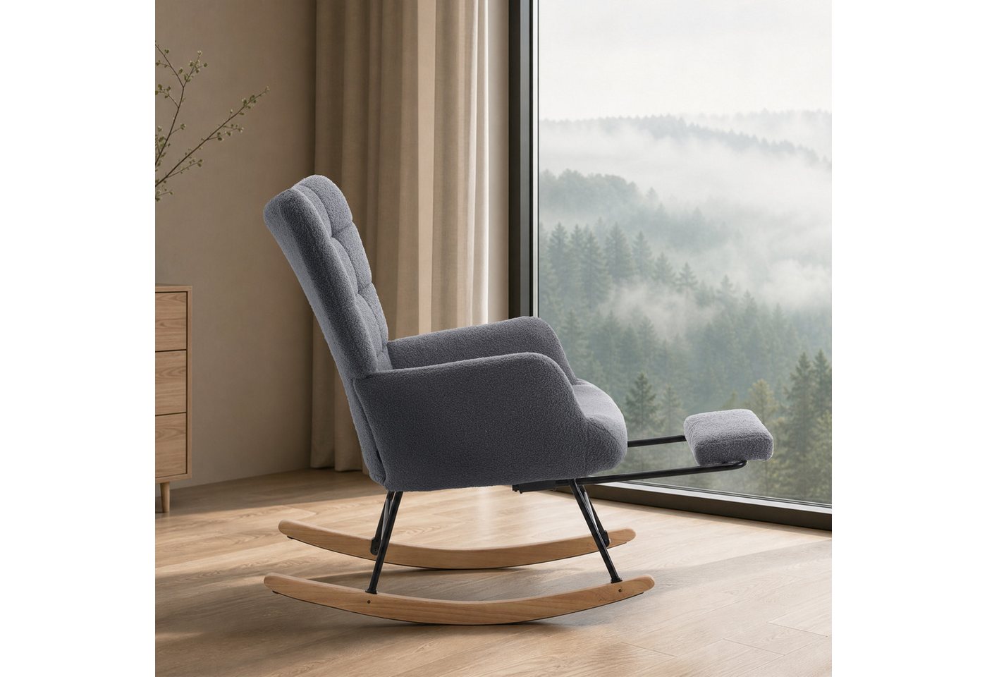 HAUSS SPOLE Schaukelstuhl mit ausziehbarer Fußstütze,Relaxsessel mit Schaukelfunktion,Grau (Relaxsessel Polstersessel mit Fußstützefunktion und Schaukelfunktion), Wohnzimmersessel mit geschwungenen Holzschaukelfüßen Bild 4