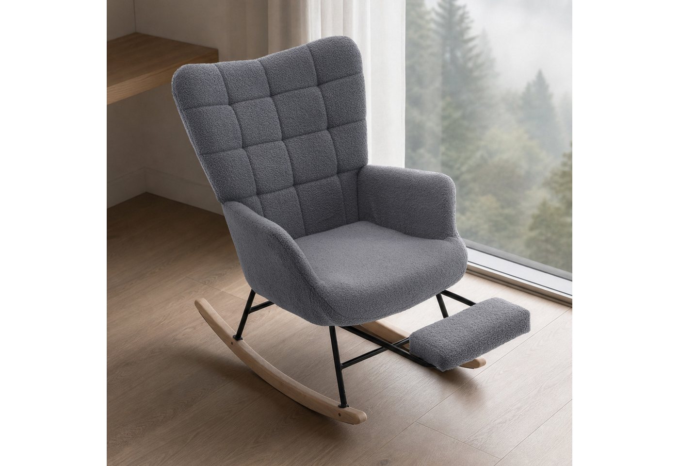 HAUSS SPOLE Schaukelstuhl mit ausziehbarer Fußstütze,Relaxsessel mit Schaukelfunktion,Grau (Relaxsessel Polstersessel mit Fußstützefunktion und Schaukelfunktion), Wohnzimmersessel mit geschwungenen Holzschaukelfüßen Bild 5