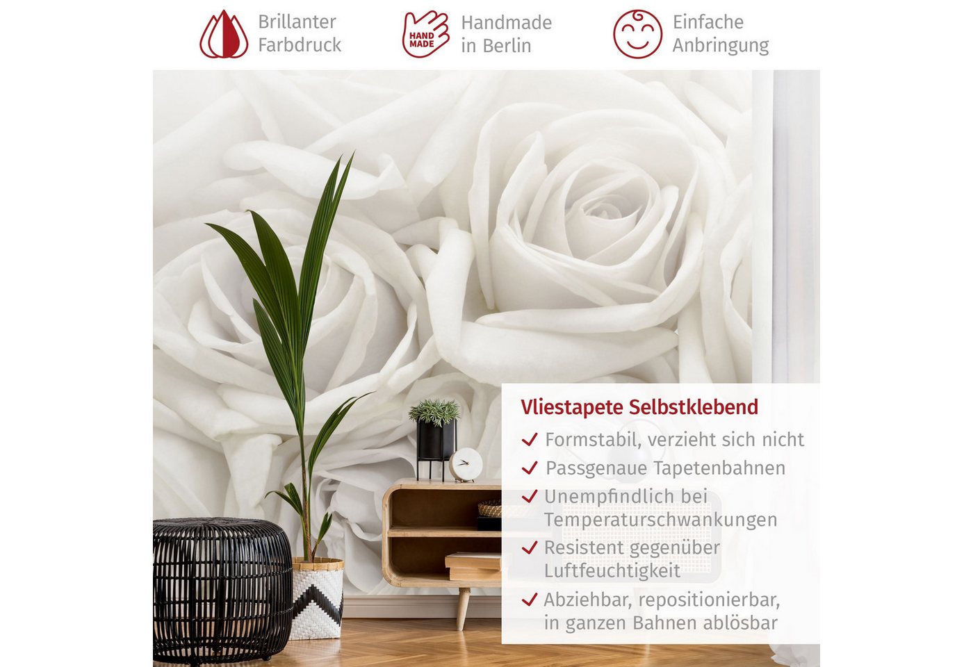 Bilderdepot24 Fototapete Rosen Weiße Rosen 3D-Effekt Blumen Natur Pflanzen Wanddeko Liebe XXL, Glatt, Matt, (Vliestapete inkl. Kleister oder selbstklebend), Wohnzimmer Schlafzimmer Küche Flur Motivtapete Vliestapete Wandtapete Bild 4