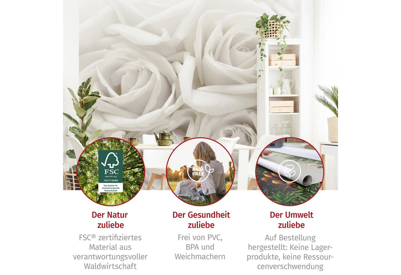 Bilderdepot24 Fototapete Rosen Weiße Rosen 3D-Effekt Blumen Natur Pflanzen Wanddeko Liebe XXL, Glatt, Matt, (Vliestapete inkl. Kleister oder selbstklebend), Wohnzimmer Schlafzimmer Küche Flur Motivtapete Vliestapete Wandtapete Bild 5