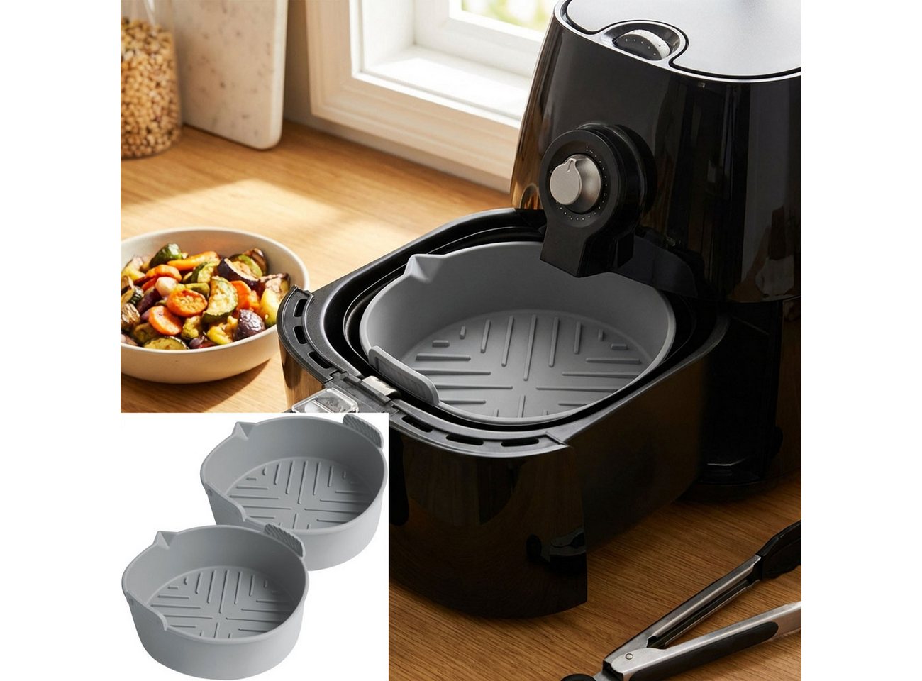 Casativo Silikonform Silikon Form für Heißluftfritteuse antihaft Ø 19 x H 6 cm RUND, (2-tlg), Silikonform für Airfryer 6,5L, BPA-frei, 19,5x18,7x6 cm RUND