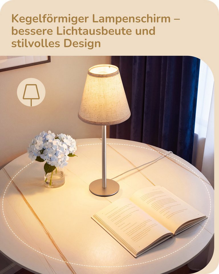EDISHINE Nachttischlampe EDISHINE LED Nachttischlampen 2er-Set, Leinenschirm, 2700K Warmweiß, LED wechselbar, Tageslichtweiß, Tischlampe aus Metall, E27 Fassung, inkl. 4W LED Leuchtmittel Bild 3