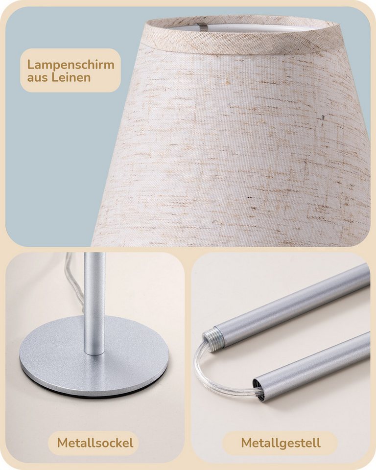 EDISHINE Nachttischlampe EDISHINE LED Nachttischlampen 2er-Set, Leinenschirm, 2700K Warmweiß, LED wechselbar, Tageslichtweiß, Tischlampe aus Metall, E27 Fassung, inkl. 4W LED Leuchtmittel Bild 5