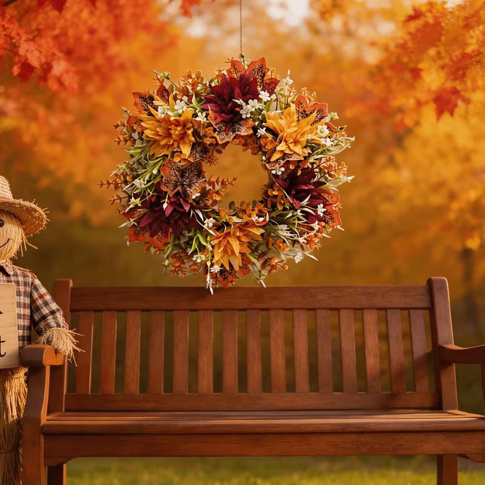 Diwzbyn Dekokranz Herbstlicher Thanksgiving-Kranz, Herbstlicher Ahornblatt-Kranz, geeignet zur Dekoration von Wänden, Veranden und Wohnzimmern Bild 3