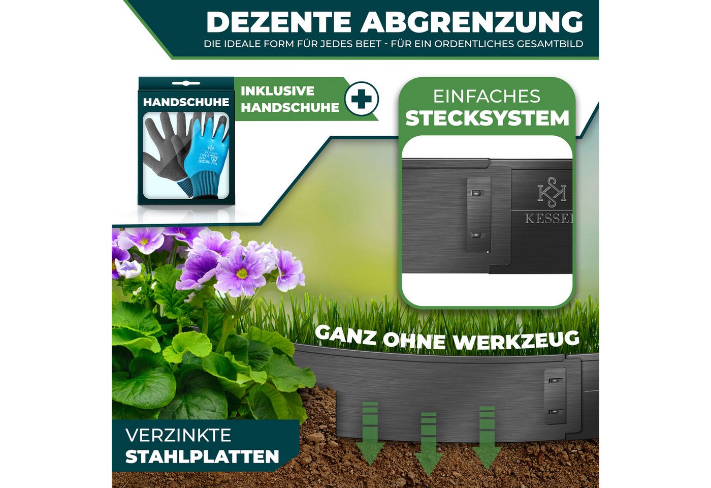 KESSER Rasenkante 5 bis 50m Beeteinfassung, Beetumrandung aus verzinkten Stahlplatten, LxH: 100x18 cm, als Metall Palisade, Beetbegrenzung & Mähkante geeignet Bild 5