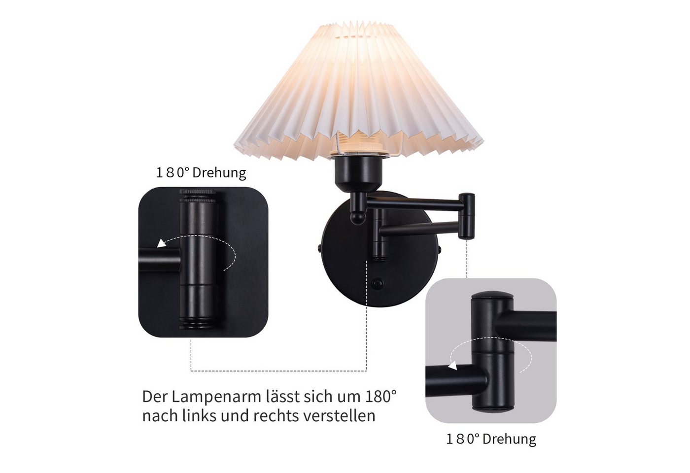 Nettlife Wandleuchte Innen Vintage E27 Weiß Stoff Retro Schwenkbar 40W Lampenschirm, Schwenkbar, ohne Leuchtmittel, Wandbeleuchtung Flurlampe Wandlampe