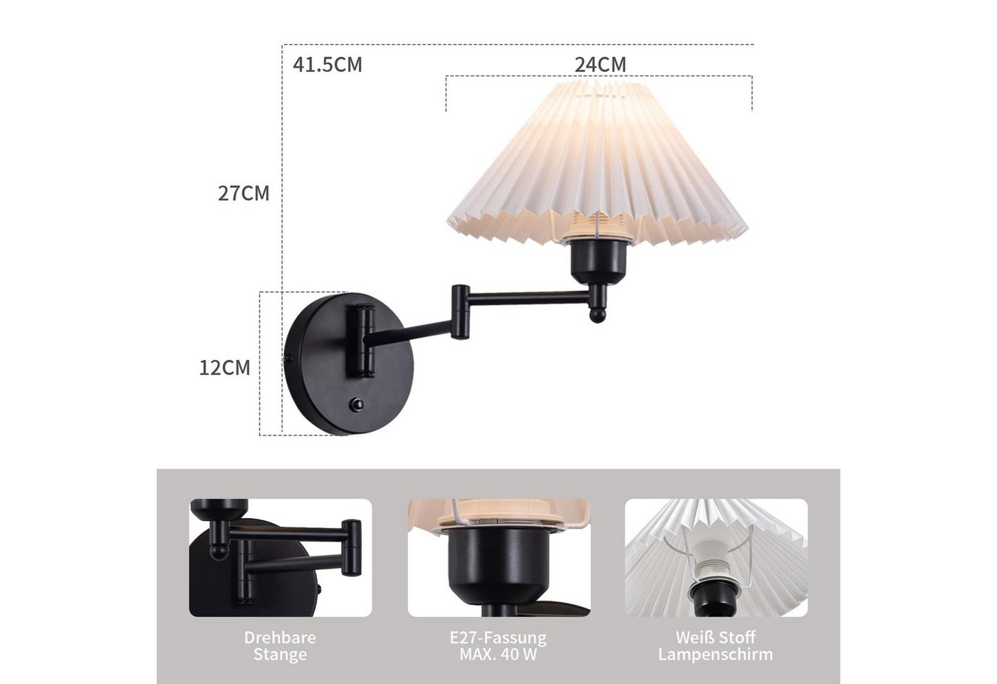 Nettlife Wandleuchte Innen Vintage E27 Weiß Stoff Retro Schwenkbar 40W Lampenschirm, Schwenkbar, ohne Leuchtmittel, Wandbeleuchtung Flurlampe Wandlampe Bild 2