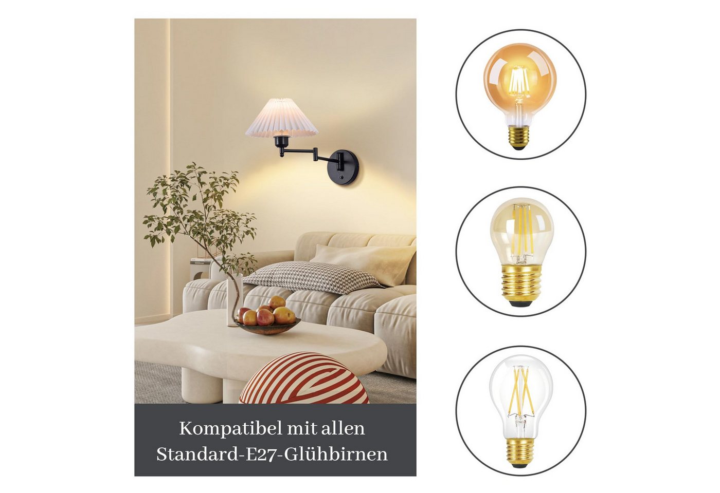 Nettlife Wandleuchte Innen Vintage E27 Weiß Stoff Retro Schwenkbar 40W Lampenschirm, Schwenkbar, ohne Leuchtmittel, Wandbeleuchtung Flurlampe Wandlampe Bild 3