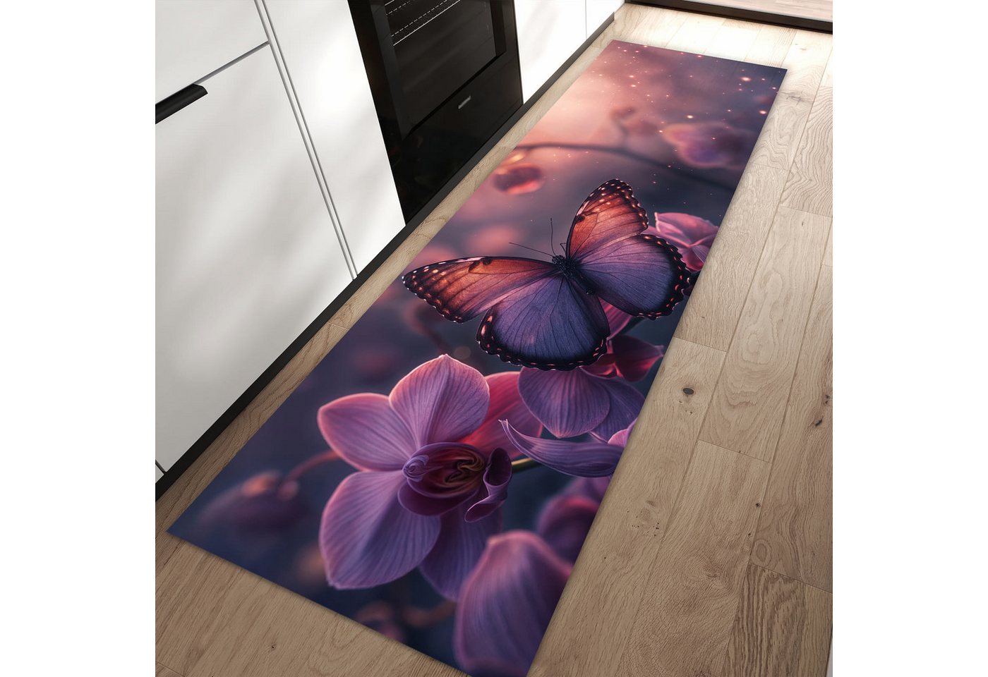 Primedeco Teppich Küchenteppich Schmetterling Blüte PVC rutschfest abwaschbar Läufer, Rechteckig, Höhe: 3 mm, Pflegeleicht & Wasserabweisend