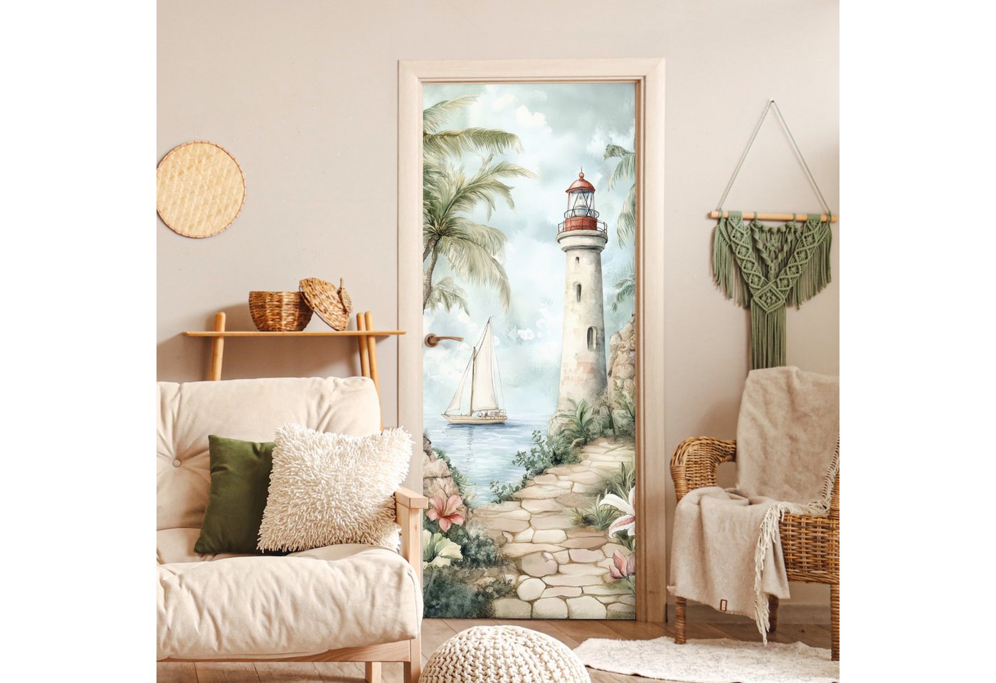 MuchoWow Türtapete Leuchtturm - Natur - Landschaft - Boot, Matt, bedruckt, (1 St), Selbstklebende Tapete, Folie für Möbel, 75x205 cm
