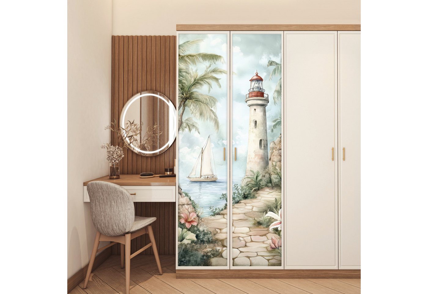MuchoWow Türtapete Leuchtturm - Natur - Landschaft - Boot, Matt, bedruckt, (1 St), Selbstklebende Tapete, Folie für Möbel, 75x205 cm Bild 2