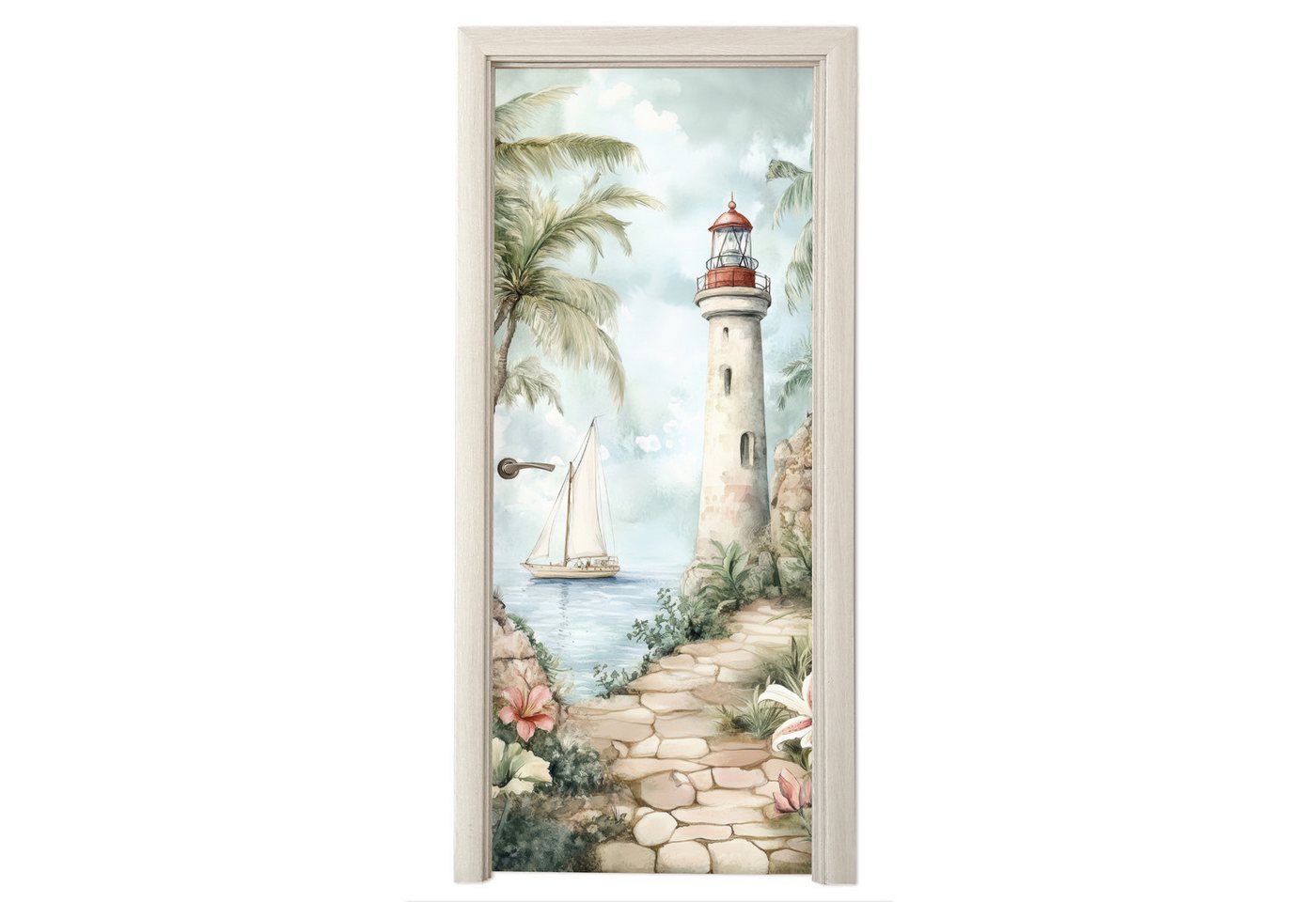 MuchoWow Türtapete Leuchtturm - Natur - Landschaft - Boot, Matt, bedruckt, (1 St), Selbstklebende Tapete, Folie für Möbel, 75x205 cm Bild 3