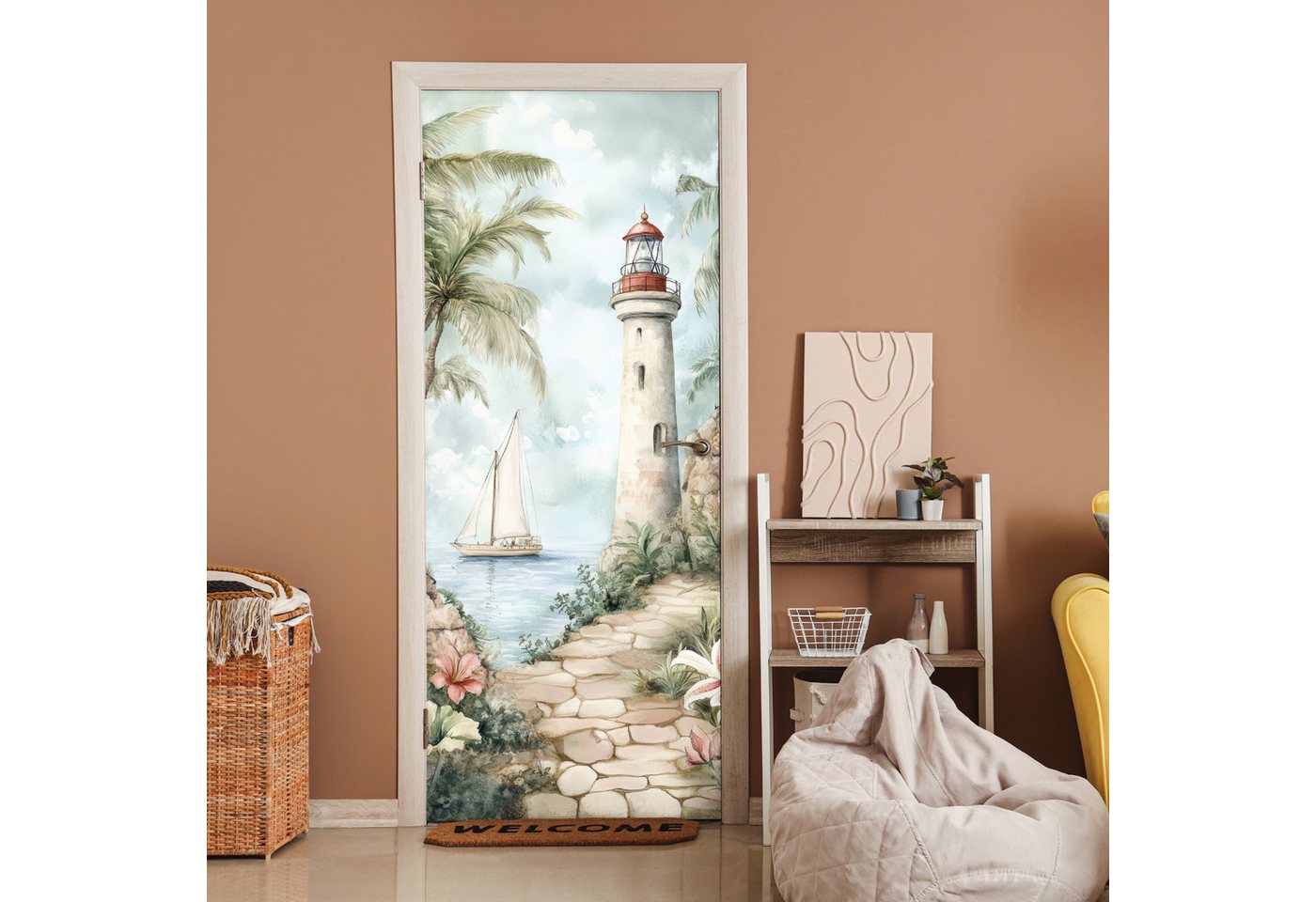 MuchoWow Türtapete Leuchtturm - Natur - Landschaft - Boot, Matt, bedruckt, (1 St), Selbstklebende Tapete, Folie für Möbel, 75x205 cm Bild 5