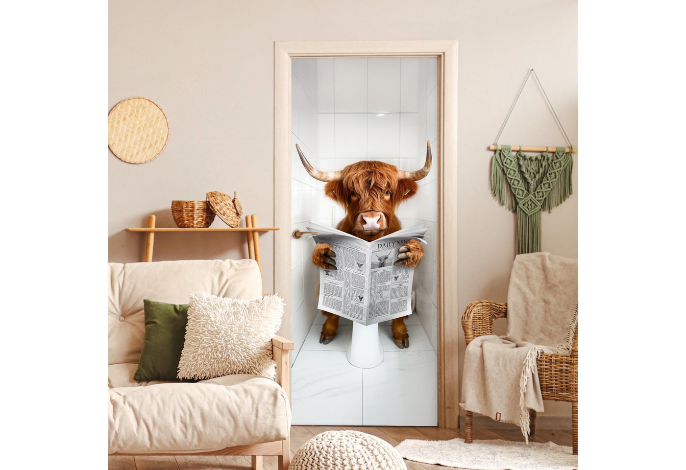 MuchoWow Türtapete Scottish Highlander - Zeitung - WC - Tier, Matt, bedruckt, (1 St), Selbstklebende Tapete, Folie für Möbel, 75x205 cm
