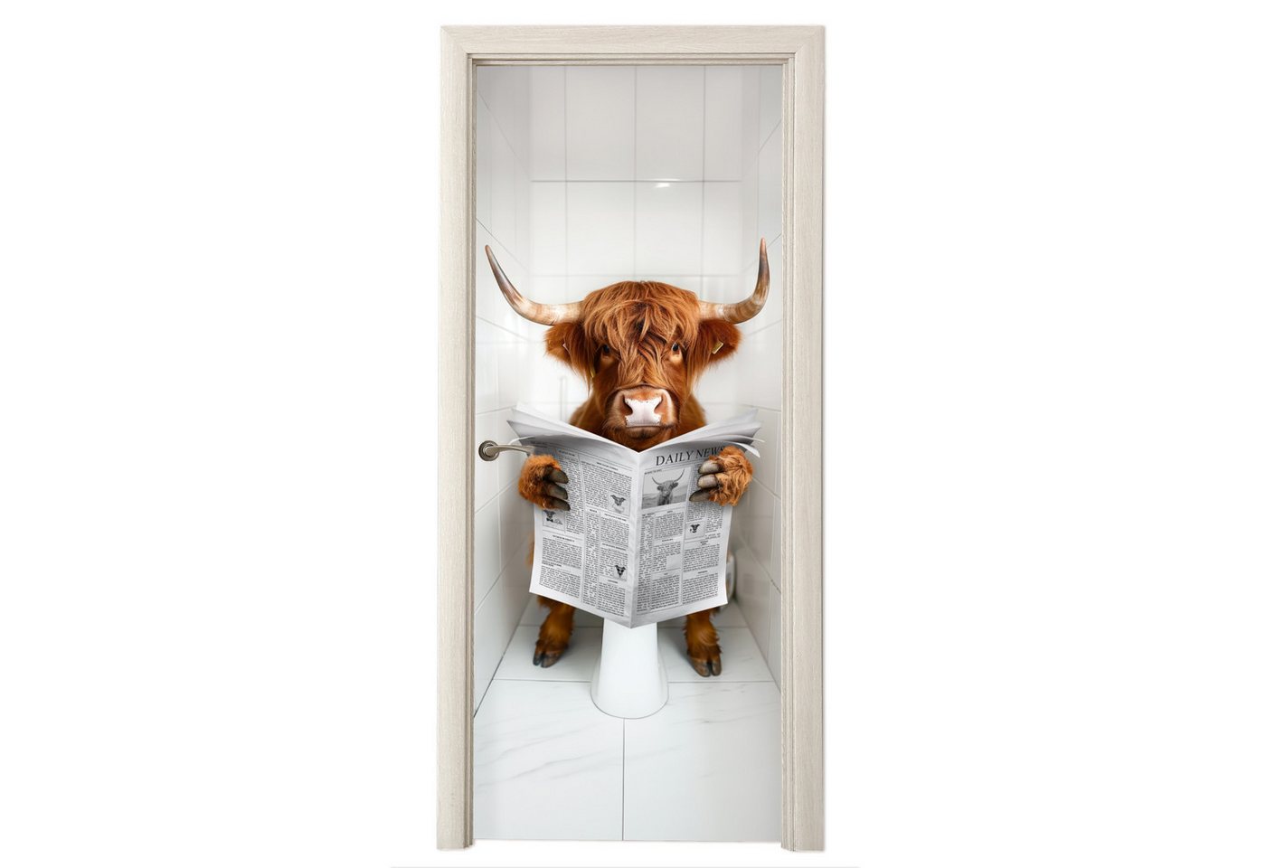 MuchoWow Türtapete Scottish Highlander - Zeitung - WC - Tier, Matt, bedruckt, (1 St), Selbstklebende Tapete, Folie für Möbel, 75x205 cm Bild 3