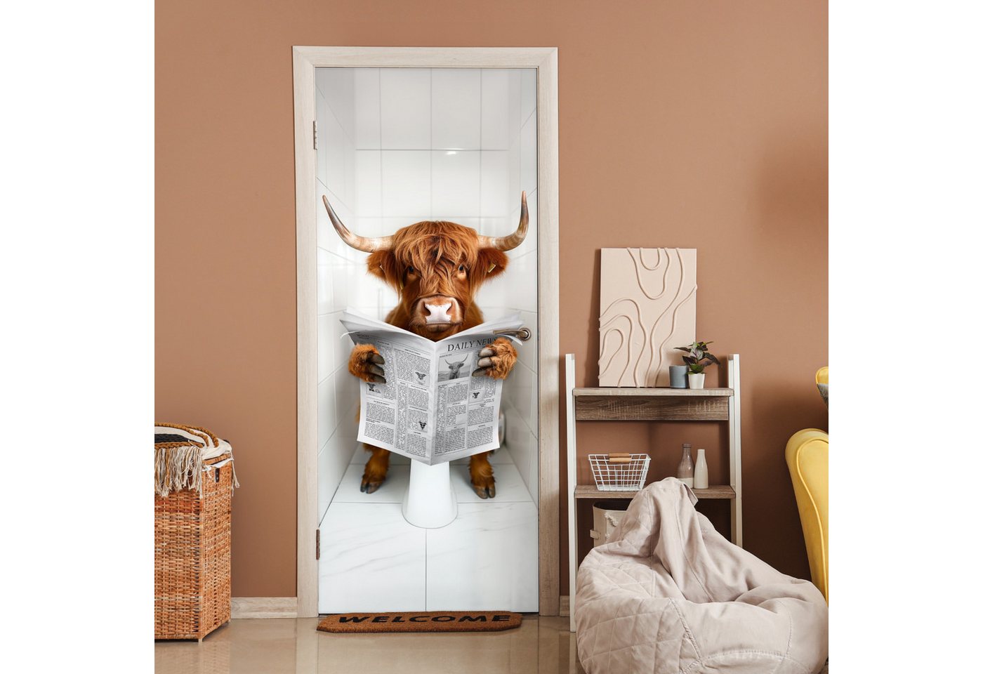 MuchoWow Türtapete Scottish Highlander - Zeitung - WC - Tier, Matt, bedruckt, (1 St), Selbstklebende Tapete, Folie für Möbel, 75x205 cm Bild 5