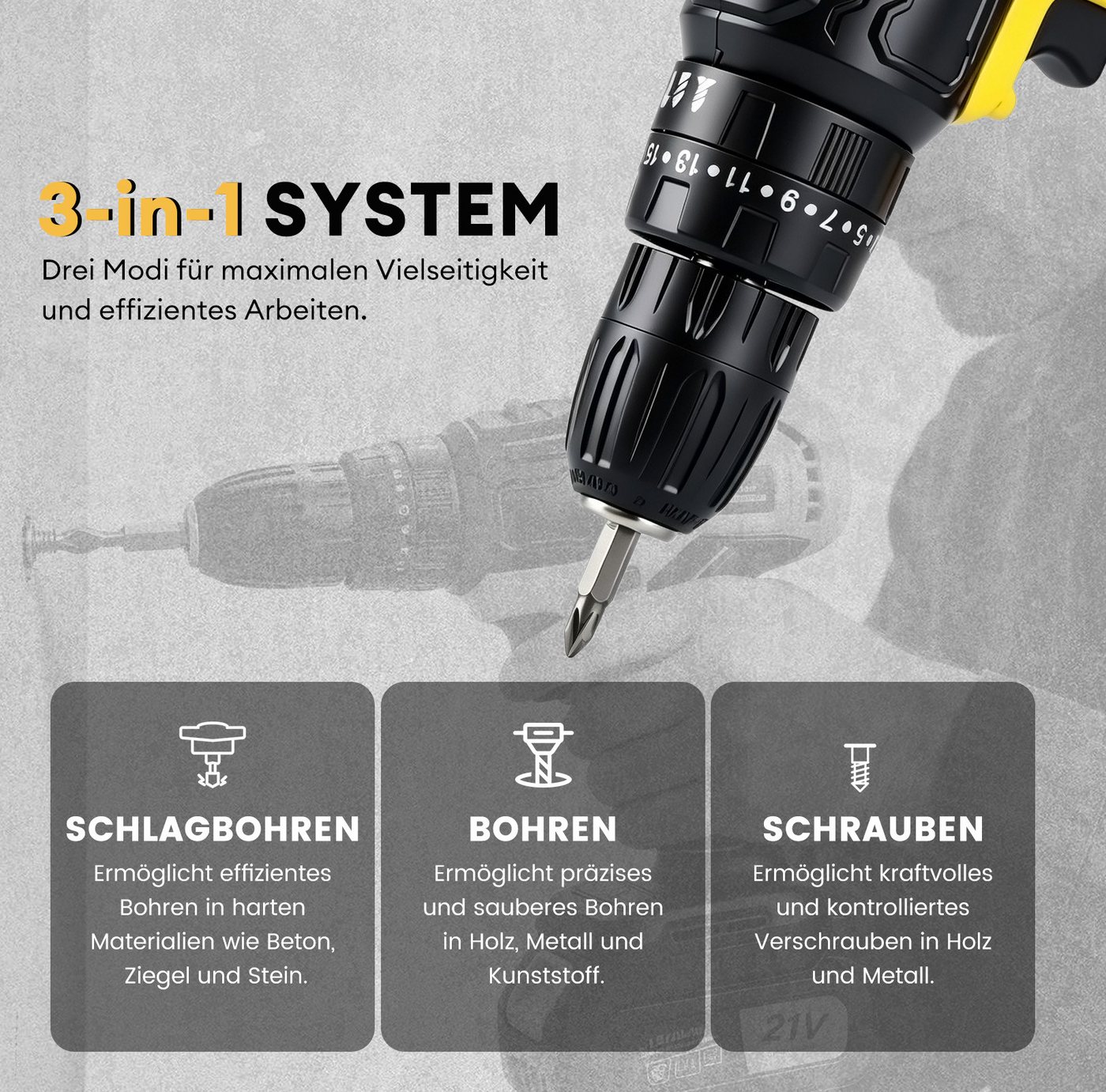 CkeyiN Akku-Bohrschrauber 32Nm 1450 U/min und Akku-Schlagbohrschrauber 400 Nm Set, 21 V, max. 2800 U/min, (27-tlg) Bild 2