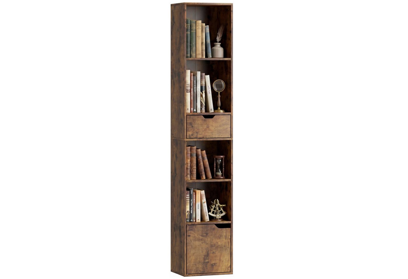 HOMCOM Bücherregal Schmaler Aufbewahrungsregal, Standregale 1-tlg., für Wohnzimmer, Büro, Rustikal-Braun