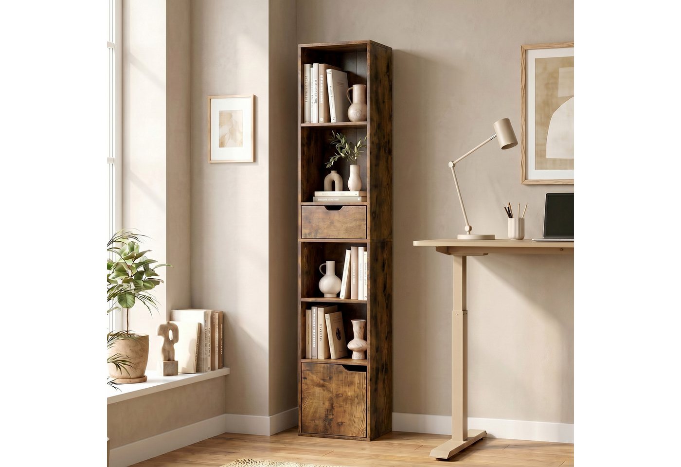 HOMCOM Bücherregal Schmaler Aufbewahrungsregal, Standregale 1-tlg., für Wohnzimmer, Büro, Rustikal-Braun Bild 2