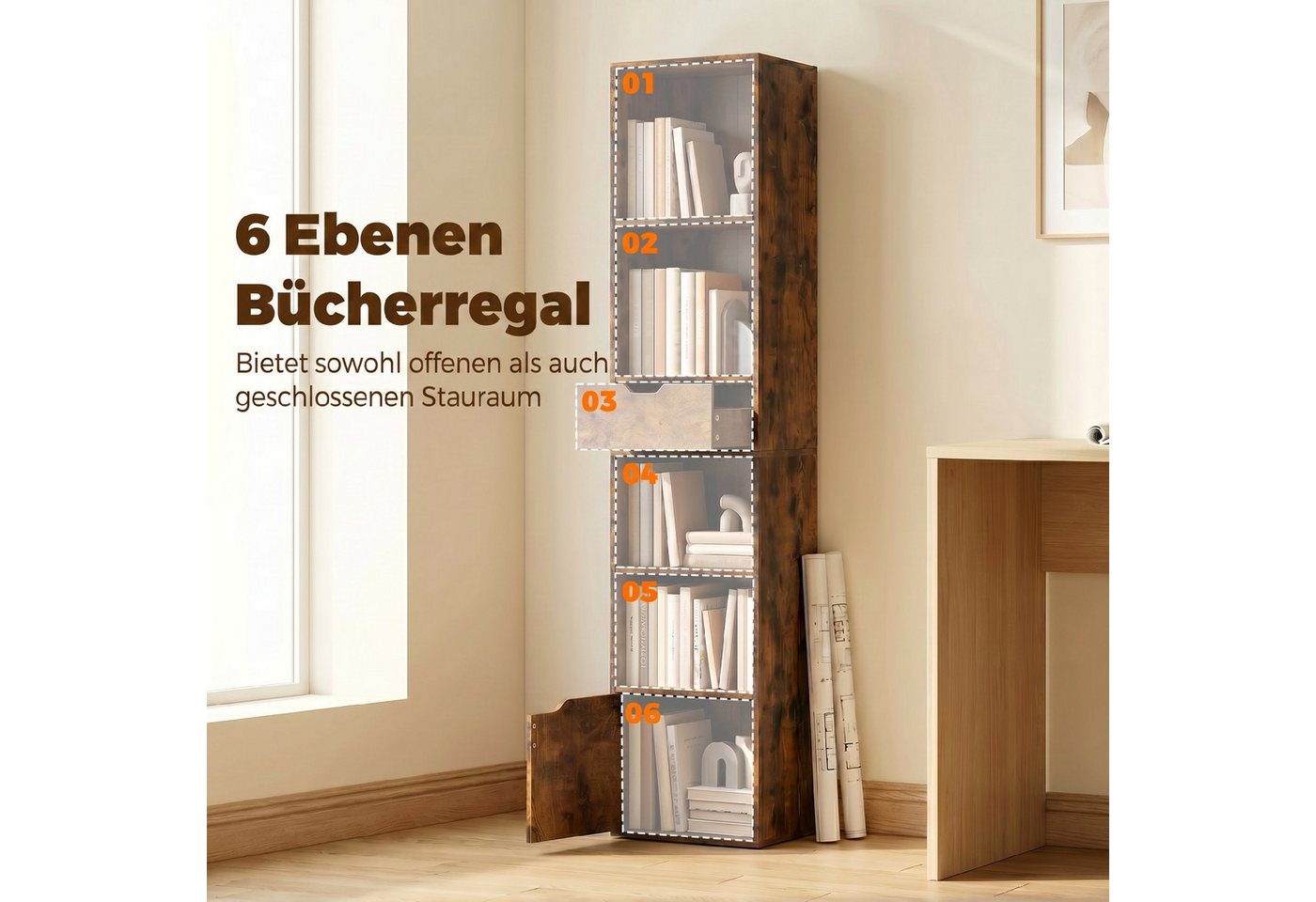 HOMCOM Bücherregal Schmaler Aufbewahrungsregal, Standregale 1-tlg., für Wohnzimmer, Büro, Rustikal-Braun Bild 3