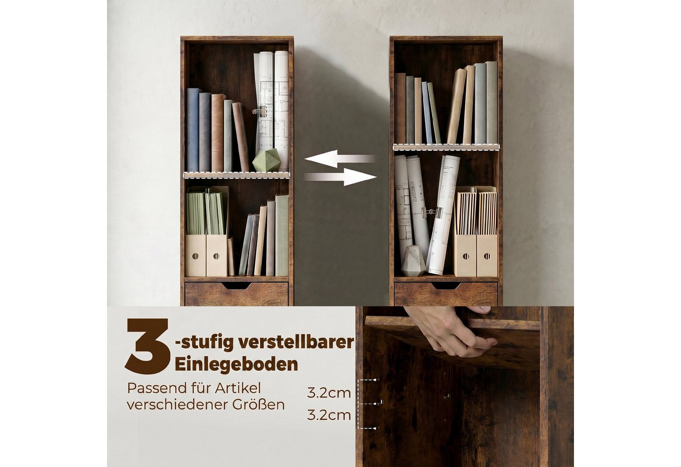 HOMCOM Bücherregal Schmaler Aufbewahrungsregal, Standregale 1-tlg., für Wohnzimmer, Büro, Rustikal-Braun Bild 4