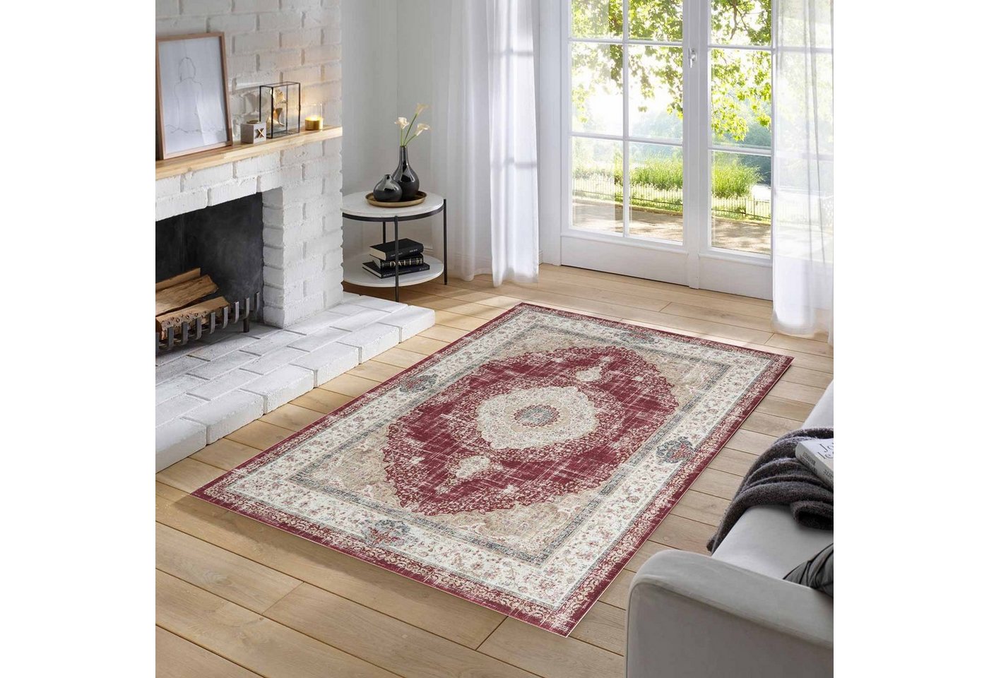 TaraCarpet Teppich Odessa Flachgewebe Vintage Design waschbar, rechteckig, Höhe: 1 mm, Teppich Kerman rot beige Wohnzimmer Schlafzimmer Esszimmer 140x170