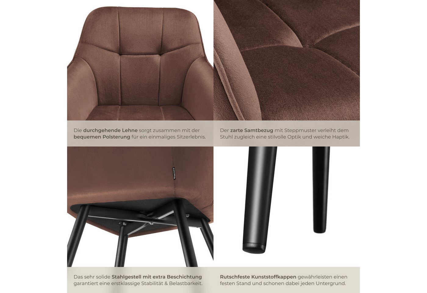 tectake Esszimmerstuhl Polstersessel gepolstert, in Samtoptik, gesteppt, 58 x 62 x 82 cm (Küchenstuhl Marilyn in braun/schwarz, 4 St), durchgehende Lehne, Stahlbeine, bodenschonend, Belastbarkeit 120 kg