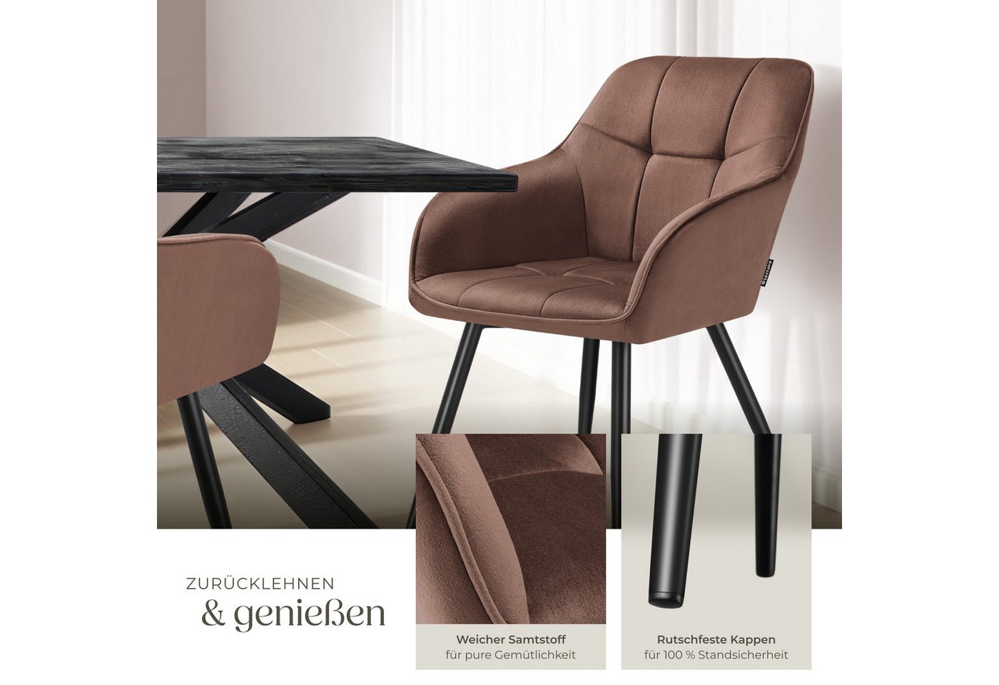 tectake Esszimmerstuhl Polstersessel gepolstert, in Samtoptik, gesteppt, 58 x 62 x 82 cm (Küchenstuhl Marilyn in braun/schwarz, 4 St), durchgehende Lehne, Stahlbeine, bodenschonend, Belastbarkeit 120 kg Bild 2