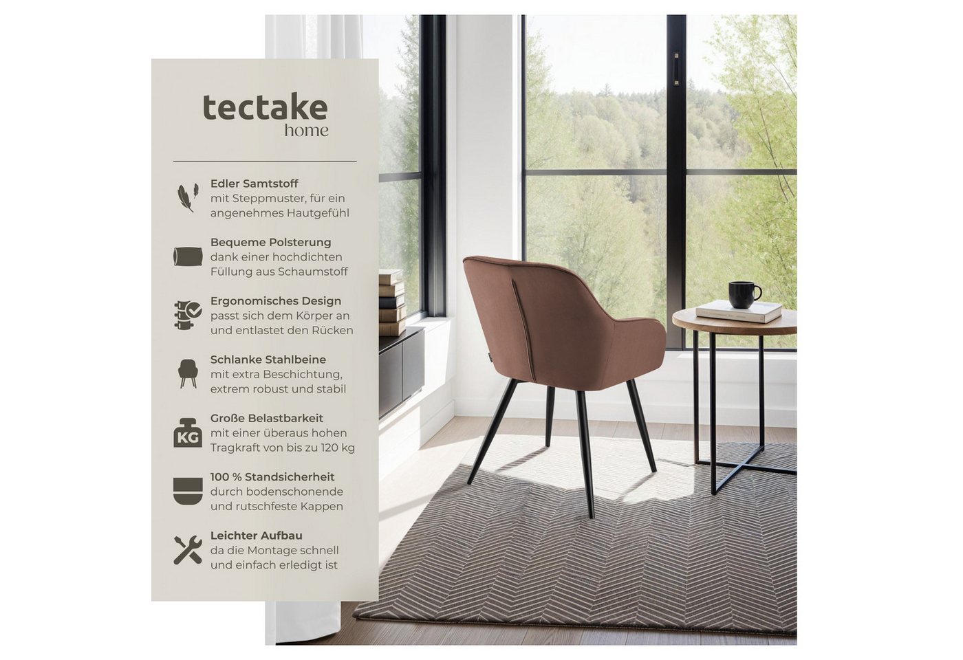 tectake Esszimmerstuhl Polstersessel gepolstert, in Samtoptik, gesteppt, 58 x 62 x 82 cm (Küchenstuhl Marilyn in braun/schwarz, 4 St), durchgehende Lehne, Stahlbeine, bodenschonend, Belastbarkeit 120 kg Bild 3