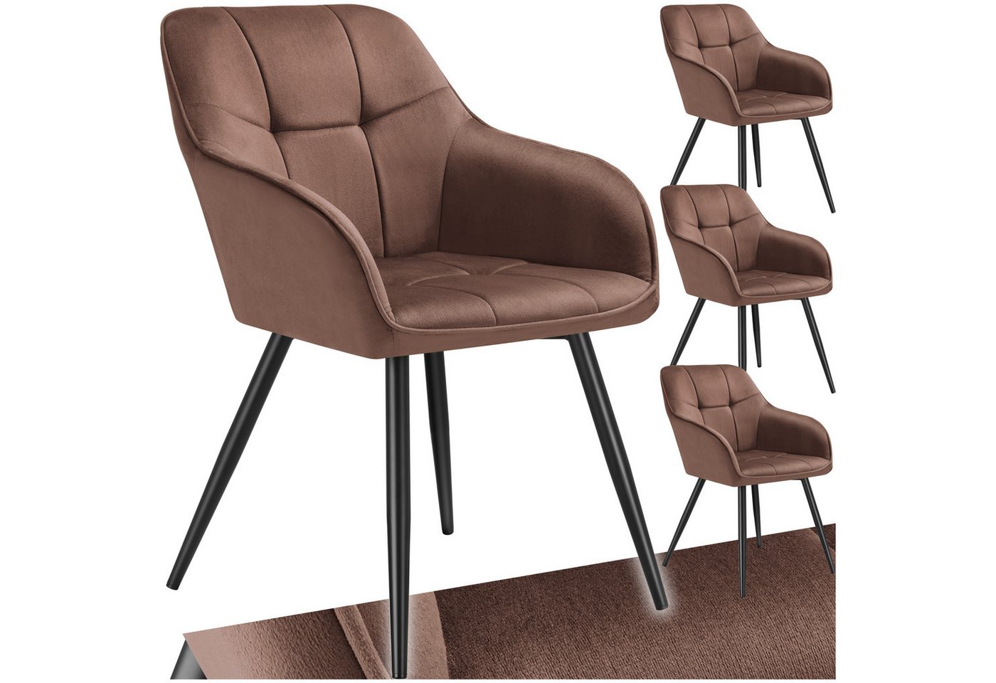 tectake Esszimmerstuhl Polstersessel gepolstert, in Samtoptik, gesteppt, 58 x 62 x 82 cm (Küchenstuhl Marilyn in braun/schwarz, 4 St), durchgehende Lehne, Stahlbeine, bodenschonend, Belastbarkeit 120 kg Bild 4
