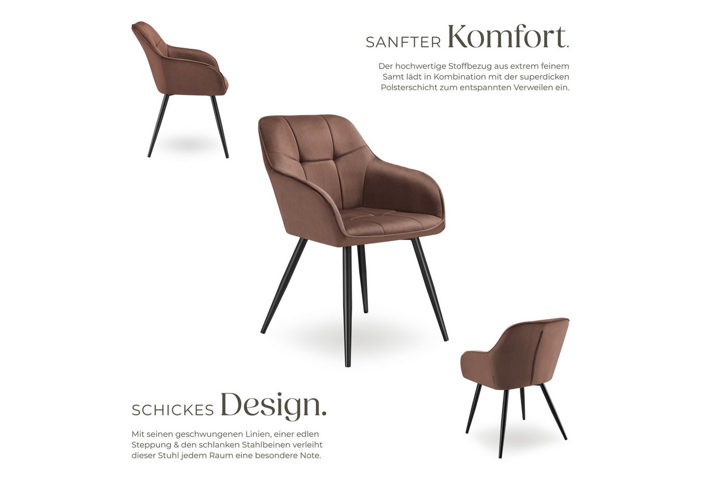 tectake Esszimmerstuhl Polstersessel gepolstert, in Samtoptik, gesteppt, 58 x 62 x 82 cm (Küchenstuhl Marilyn in braun/schwarz, 4 St), durchgehende Lehne, Stahlbeine, bodenschonend, Belastbarkeit 120 kg Bild 5