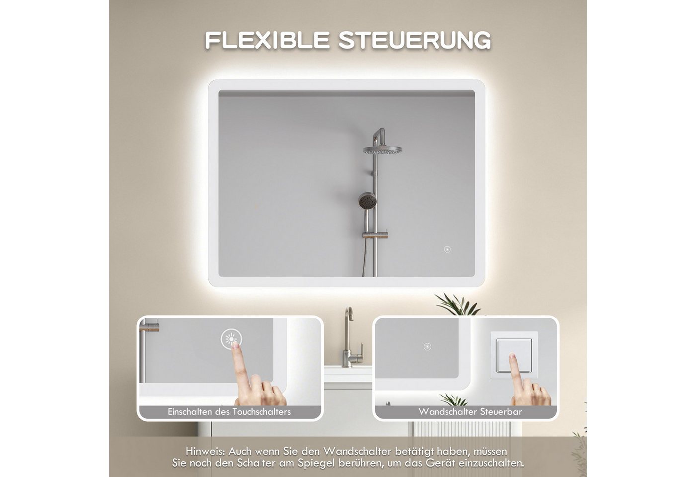 IMPTS Badspiegel Badezimmer Wand spiegel mit Beleuchtung Dimmbar-Funktion (Set, tageslichtweiß, IP44, Dimmbar, Vertikal/Horizontal Montage), Lichtspiegel Beschlagfrei Helligkeit Dimmbar Speicher Funktion