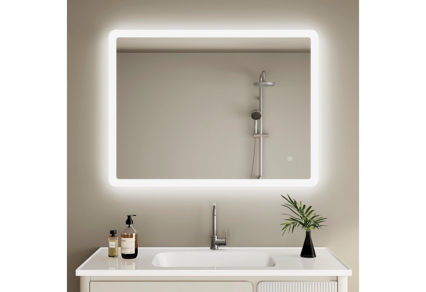 IMPTS Badspiegel Badezimmer Wand spiegel mit Beleuchtung Dimmbar-Funktion (Set, tageslichtweiß, IP44, Dimmbar, Vertikal/Horizontal Montage), Lichtspiegel Beschlagfrei Helligkeit Dimmbar Speicher Funktion Bild 2