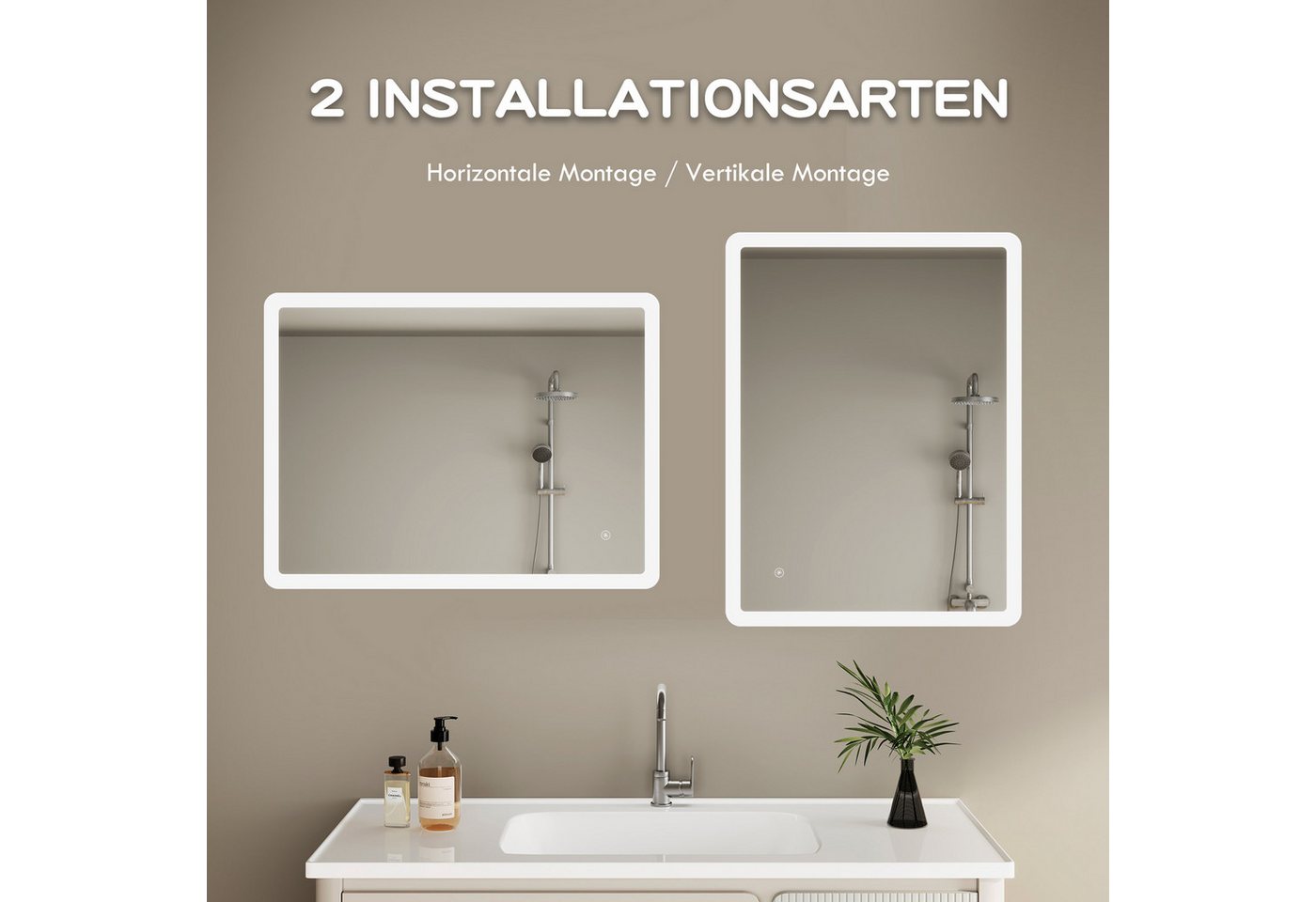 IMPTS Badspiegel Badezimmer Wand spiegel mit Beleuchtung Dimmbar-Funktion (Set, tageslichtweiß, IP44, Dimmbar, Vertikal/Horizontal Montage), Lichtspiegel Beschlagfrei Helligkeit Dimmbar Speicher Funktion Bild 3