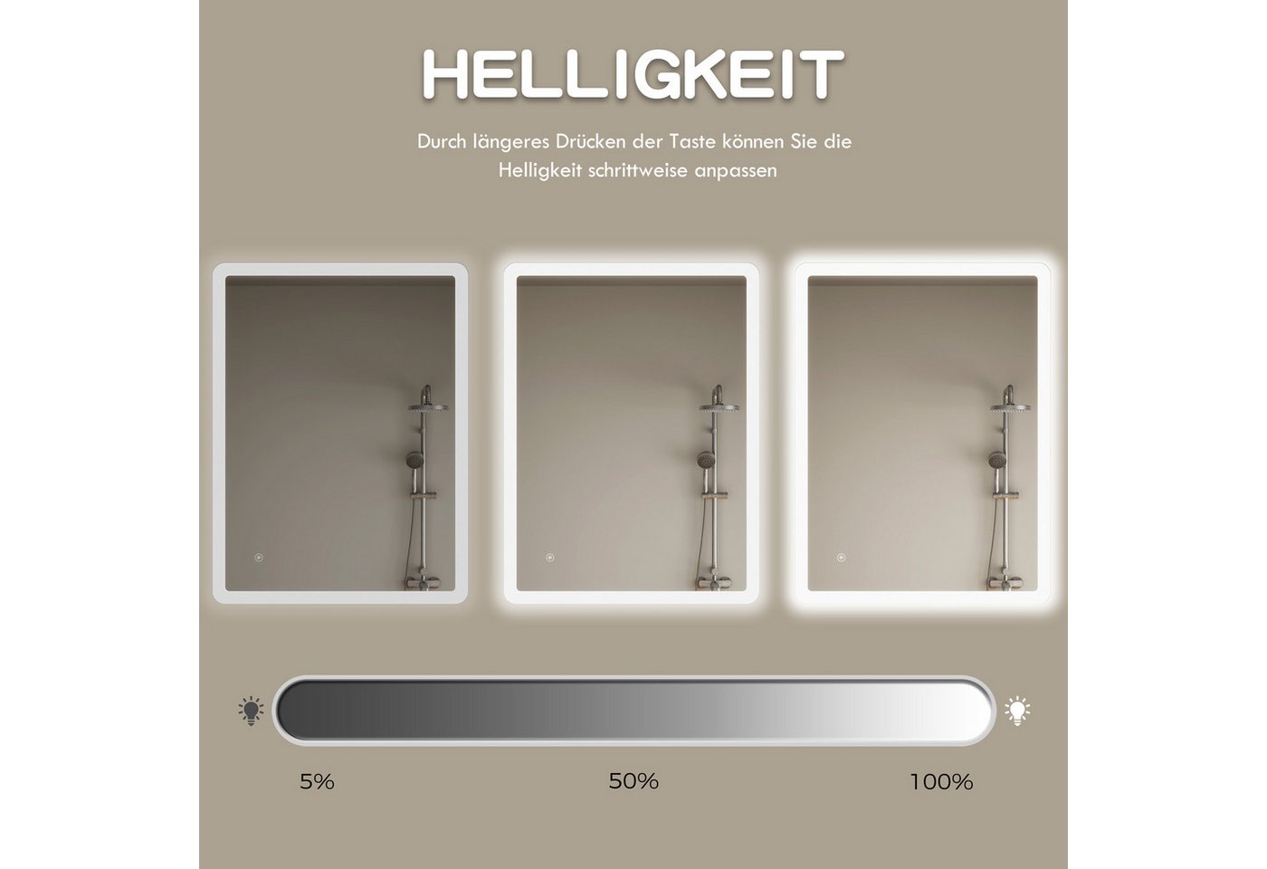 IMPTS Badspiegel Badezimmer Wand spiegel mit Beleuchtung Dimmbar-Funktion (Set, tageslichtweiß, IP44, Dimmbar, Vertikal/Horizontal Montage), Lichtspiegel Beschlagfrei Helligkeit Dimmbar Speicher Funktion Bild 4