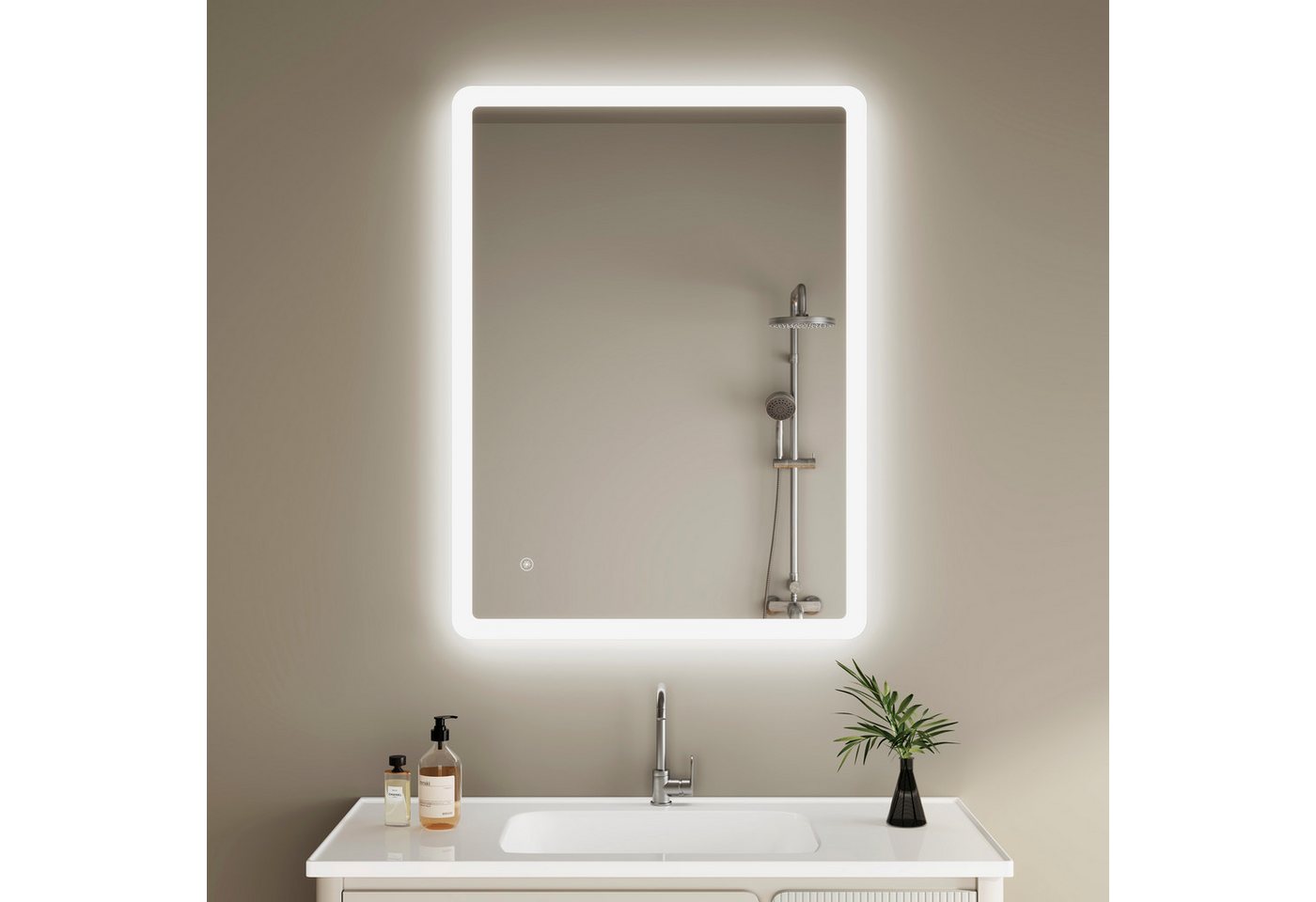 IMPTS Badspiegel Badezimmer Wand spiegel mit Beleuchtung Dimmbar-Funktion (Set, tageslichtweiß, IP44, Dimmbar, Vertikal/Horizontal Montage), Lichtspiegel Beschlagfrei Helligkeit Dimmbar Speicher Funktion Bild 5
