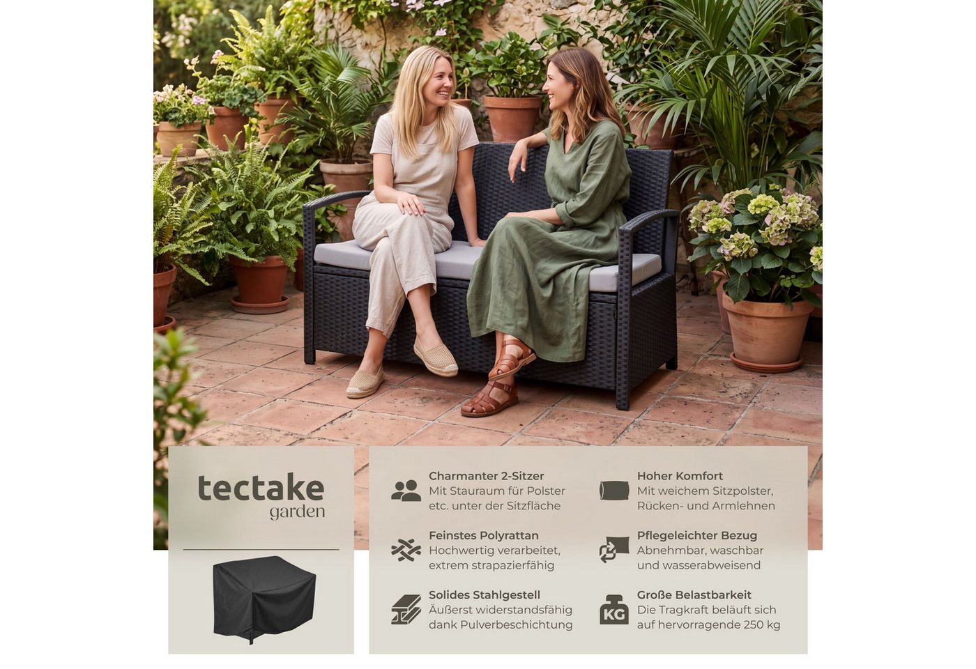 tectake Gartenbank Polyrattanbank 2-Sitzer wetterfest mit großem Stauraum 128x56x77,5cm (Balkonbank Vecchia, in Schwarz), Belastbarkeit 250 kg, Inkl. Schutzhülle und Sitzpolster