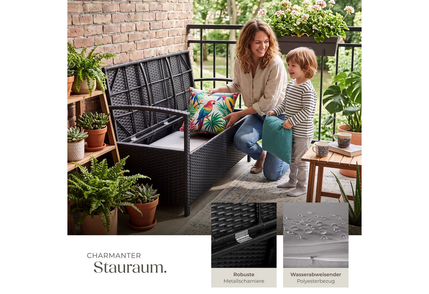 tectake Gartenbank Polyrattanbank 2-Sitzer wetterfest mit großem Stauraum 128x56x77,5cm (Balkonbank Vecchia, in Schwarz), Belastbarkeit 250 kg, Inkl. Schutzhülle und Sitzpolster Bild 2