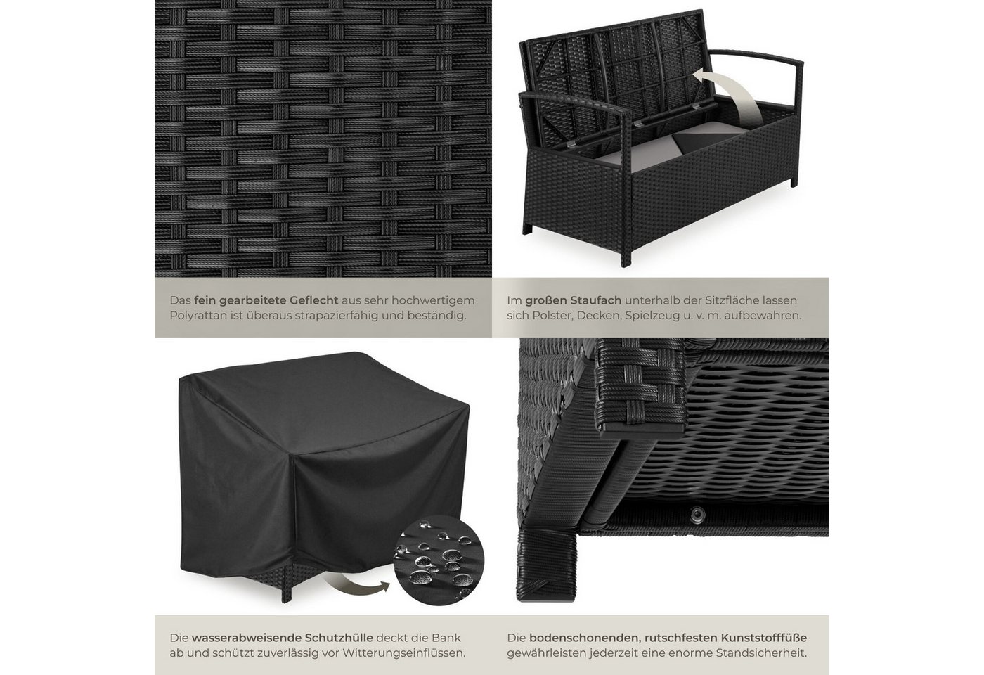 tectake Gartenbank Polyrattanbank 2-Sitzer wetterfest mit großem Stauraum 128x56x77,5cm (Balkonbank Vecchia, in Schwarz), Belastbarkeit 250 kg, Inkl. Schutzhülle und Sitzpolster Bild 3